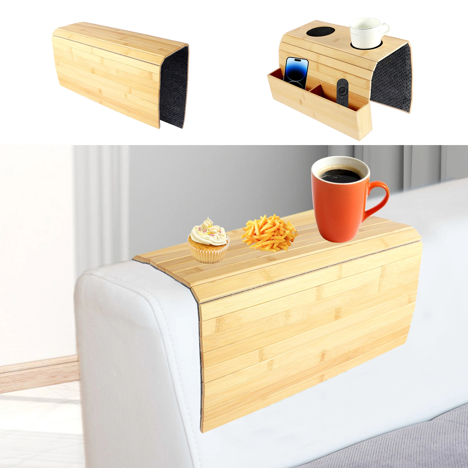 Sofa Arm Tray Bamboo Couch Arm Tray with Basket Foldable Armrest Tray Nonslip Sofa Armrest Tray Splash Proof Sofa Organizer Tray