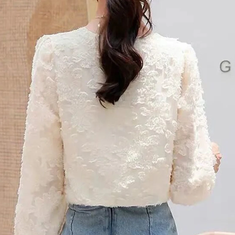 2023 Autumn Winter Women Lace Beaded Chic Sweet Fairy Blouses Fashion Elegant Solid Plush Shirts Female V Neck Long Sleeve Tops