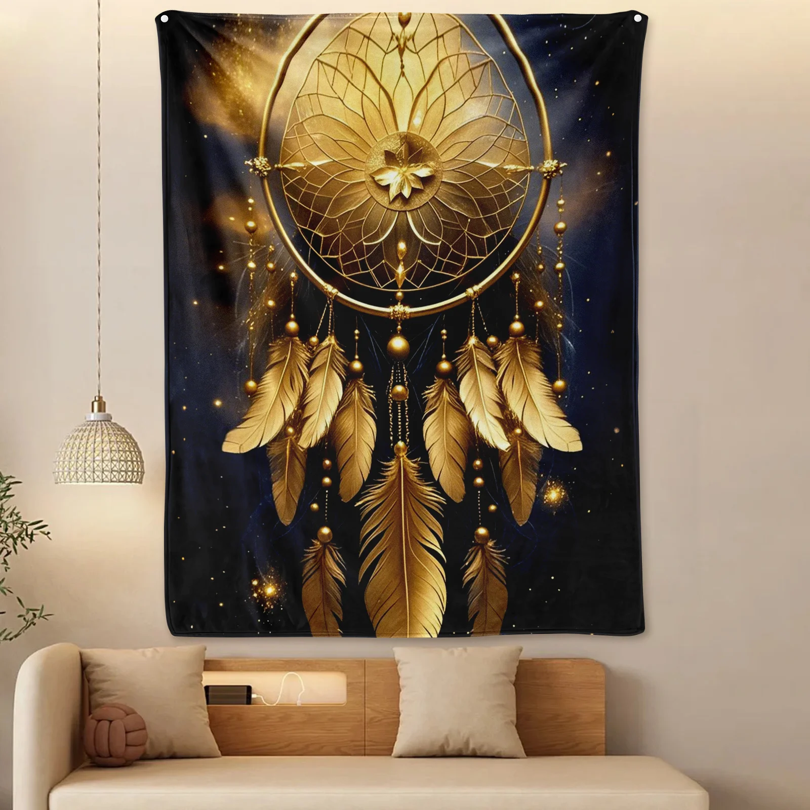 Coperta con cielo stellato Dreamcatcher dorato con design incantante per l'arredamento della stanza sognante e celeste in stile estetico