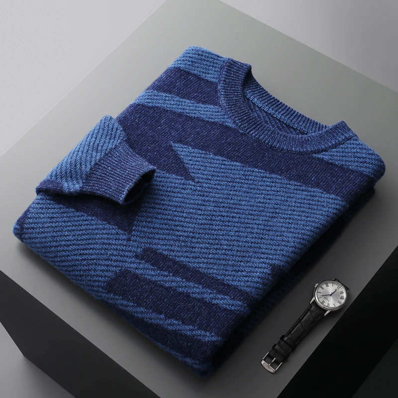 

100% pure wool cashmere sweater men's jacquard pullover O-neck thick long-sleeved sweater casual knitted coat loose coat