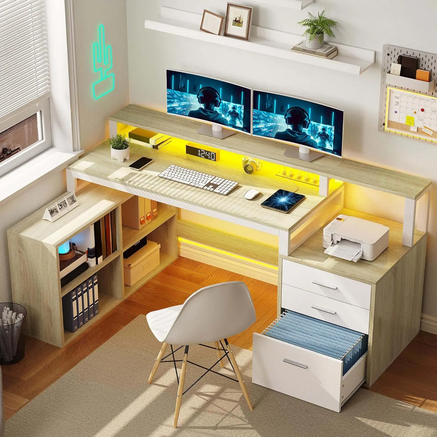 

L Shaped Desk with Drawers, 65" Computer Desk with Power Outlets & LED Lights, Corner Home Office Desk with Storage Shelves
