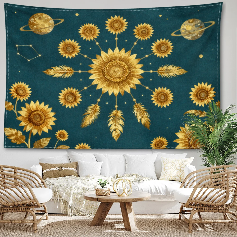 Blue Sunflower Planet Constellation Wall Tapestry, Symmetrical Boho Decor