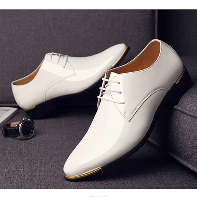 New Black Leather Low Top Soft Men Dress Shoes Solid Color Men Premium Patent Leather Shoes White Wedding Shoes Size 38-48