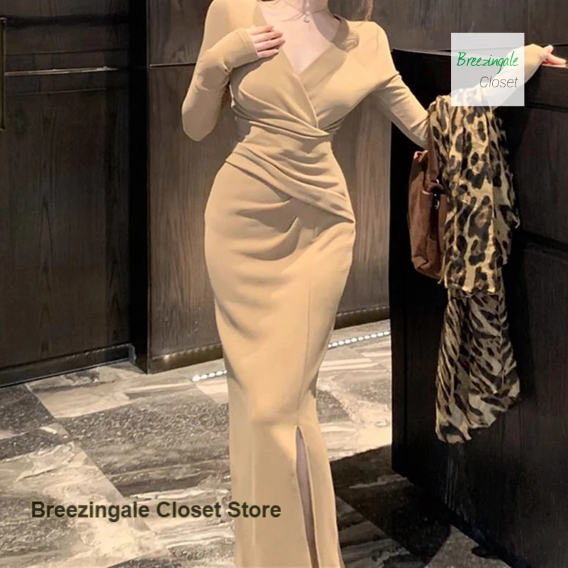 

French pure desire wind long sleeve temperament knitted dress Spring and Autumn fashion temperament slim long waist slit dress