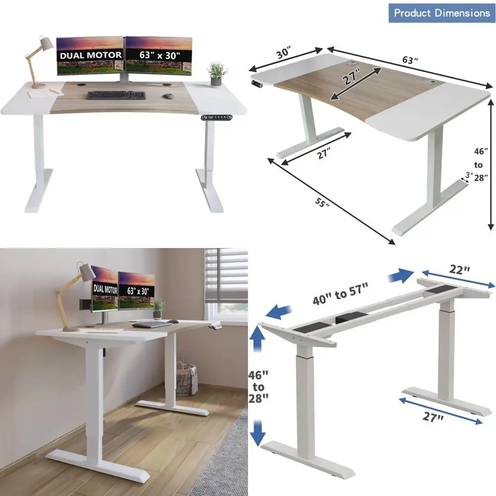 Electric Dual Motor Standing Desk, 63 x 30 Adjustable Height Sit-Stand Workstation, Spliced Board, Ergonomic Home Office Desk