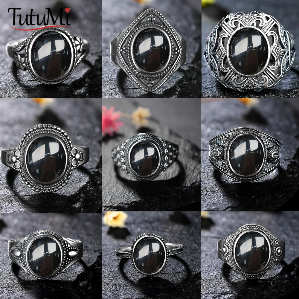 925 Sterling Silver Ring Natural Black Agate Ring Oval Round Retro Jewelry for Women men Gift Sun Shaped Vintage Ring