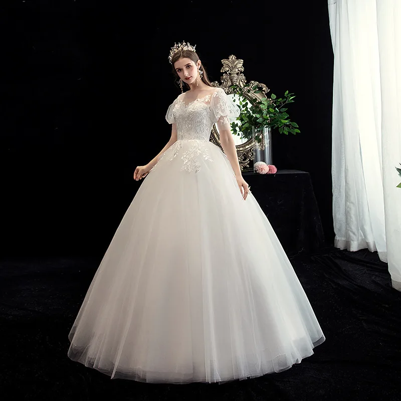 Women's Applique Lace Wedding Dresses V Neck Short Sleeve Tulle Ball Gown  Fomal Evening Gown