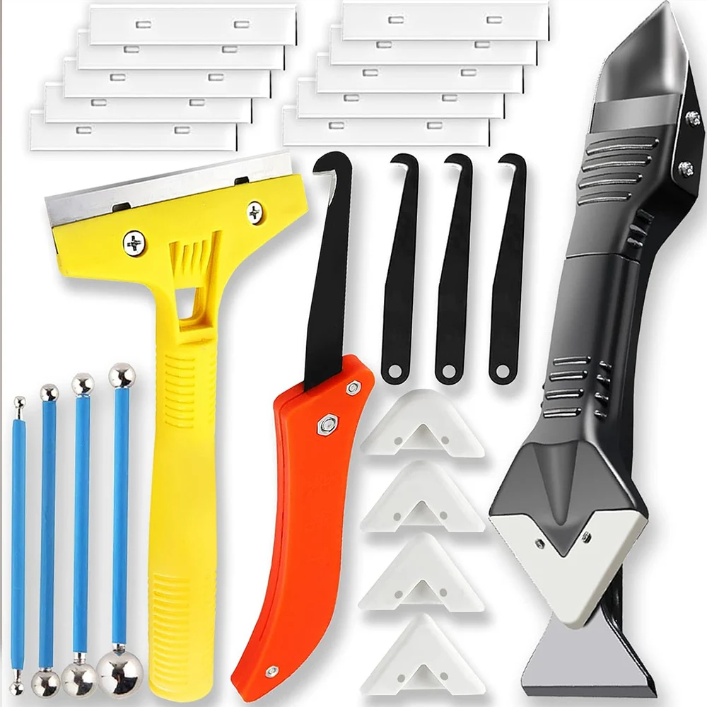 Grout Removal Tool Caulking Tools 24-in-1 Kit with Silicone Glass Glue Angle Scraper Grout Saw Blade Scraper Finishing