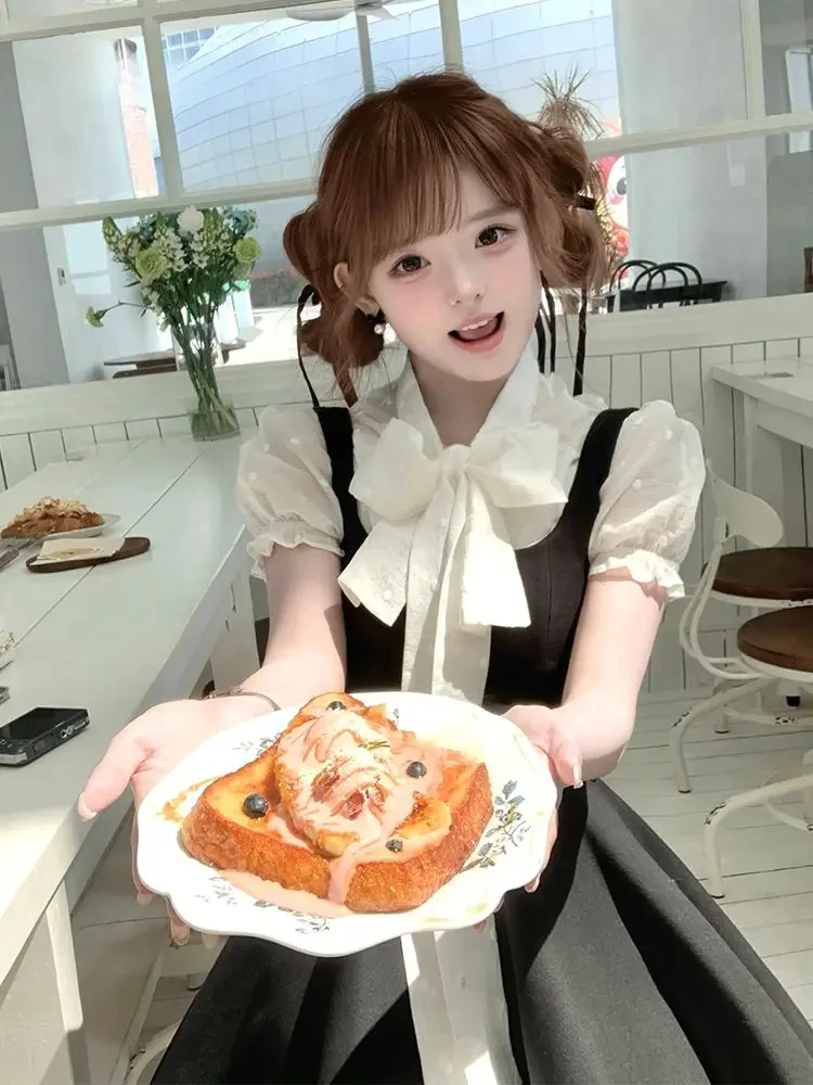 مجموعة ملابس نسائية يابانية حلوة مكونة من قطعتين فستان قصير سهل الارتداء ​ + بلوزة صيفية بفيونكة منقطة Y2k بدلة Jk جمالية