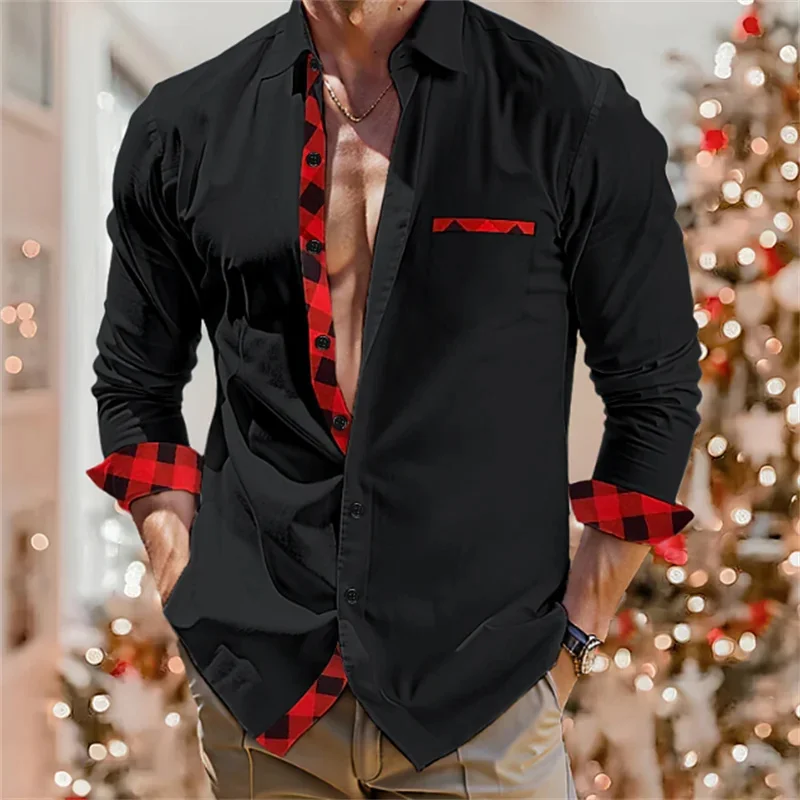 2023 Fashion Simple Office Business Casual Plaid Splicing Men's Shirt Soft Comfortable Lightweight Top Button Lapel Plus Size