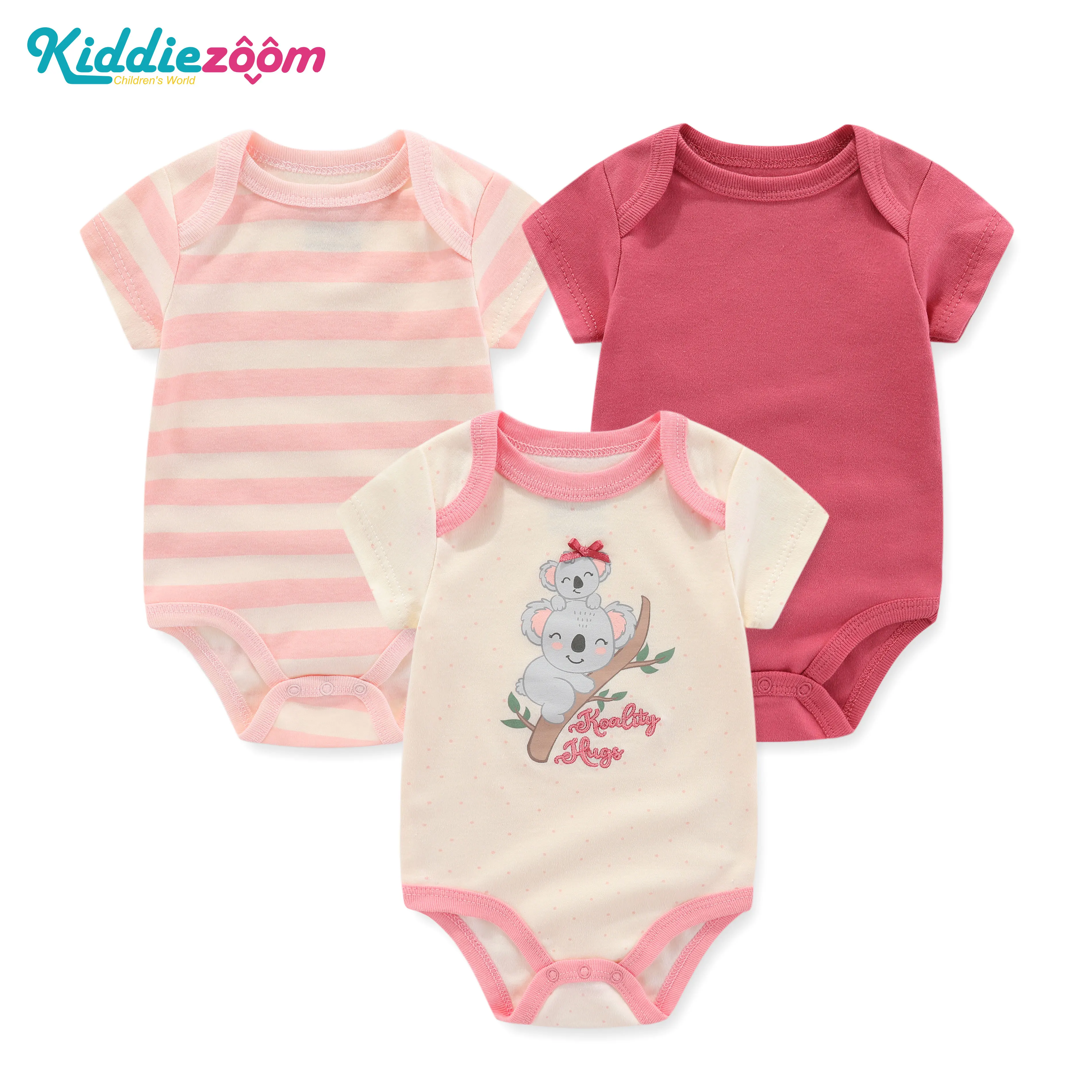 Newborn Baby Girl Clothes 3-piece Set Cute Cartoon Short Sleeve Romper 100% Cotton Light Pink Baby Girl's Beautiful Clothes