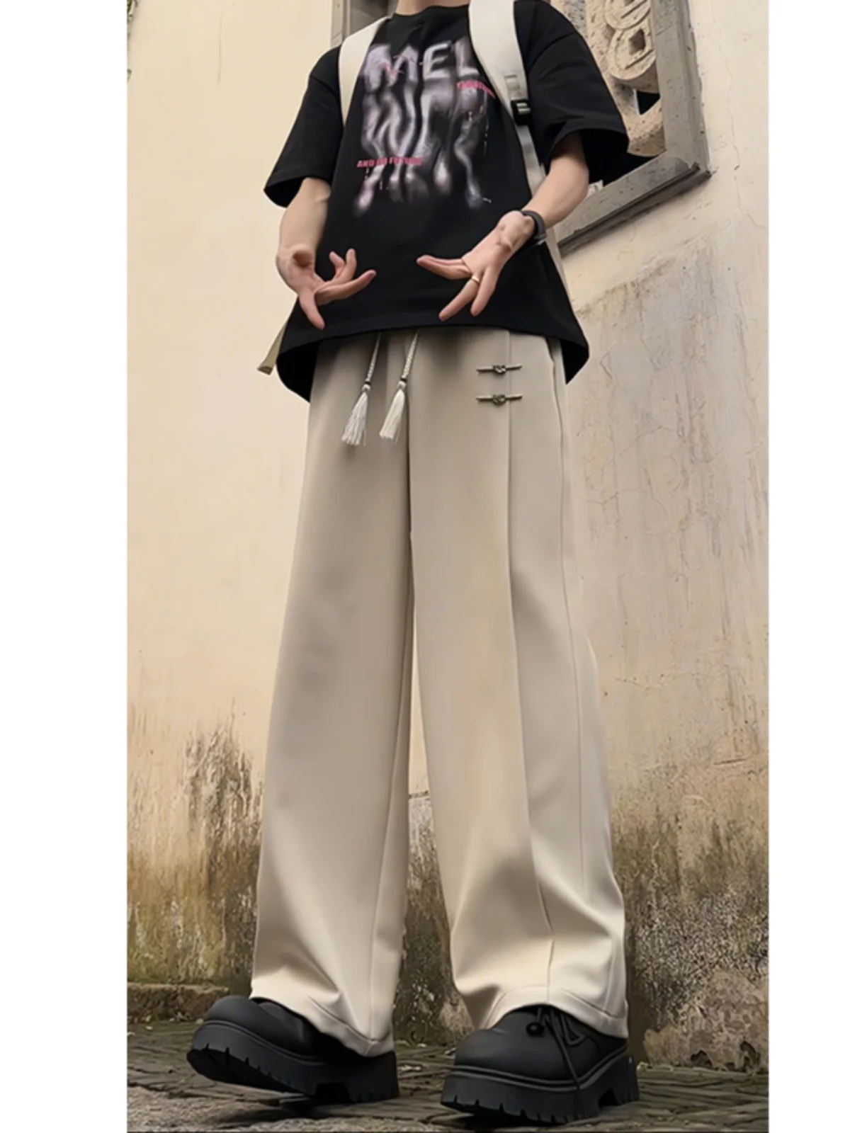

New Chinese Sle Lightweight Ice Silk Men's Summer Pants Drapey Wide Leg Casual Trousers Faionable High Waist Straight Cut