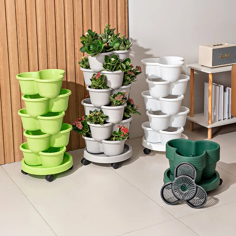 Strawberry Planter Pot Plastic Stackable Vertical Flowerpots Universal Wheel Tray Plant Seedling Holder For Herbs Home Gardening