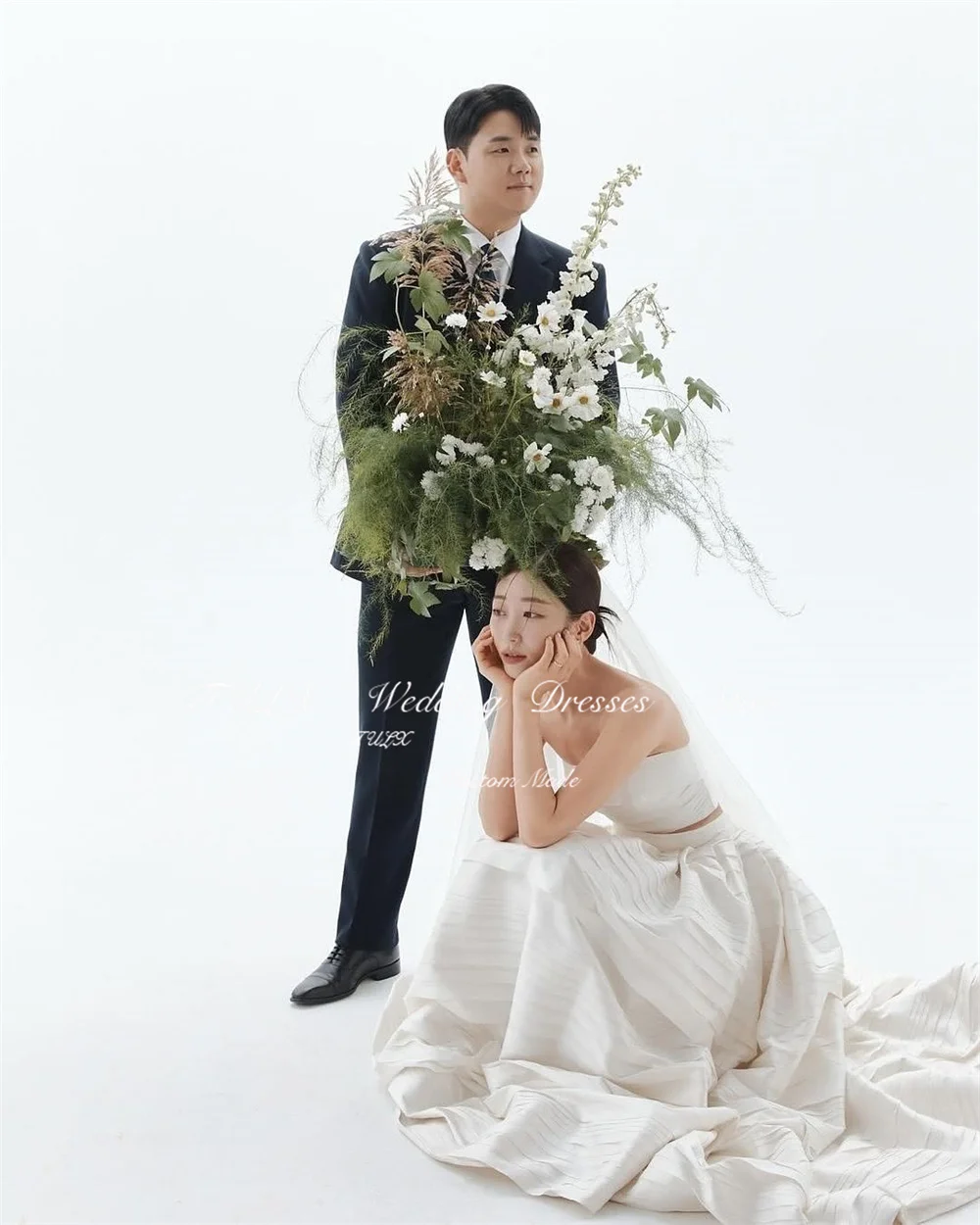 TULX Elegant 2pcs Wedding Photo Shoot Dress Strapless Floor Length Tiered Korea Bridal Gowns Sleeveless Corset 웨딩드레스 Customized image 2