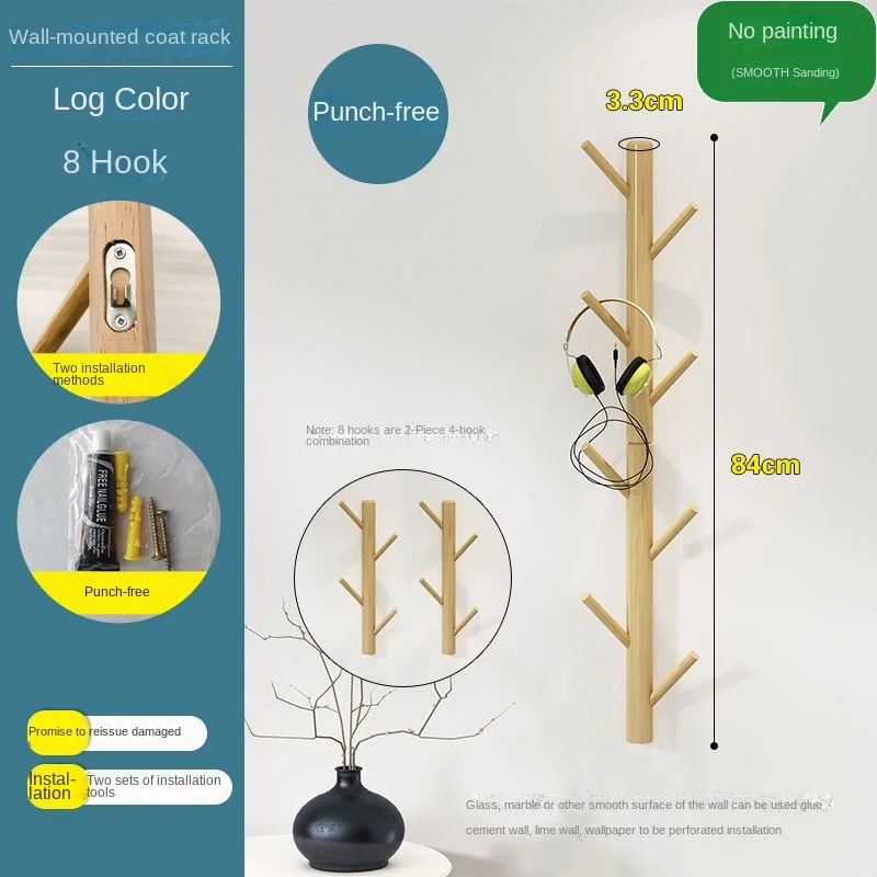Home Hanger Nieuwe massief houten muurhangende boomtak Kledinghaak Thuisopslag Woonkamer Niet-geperforeerd hoedenrek