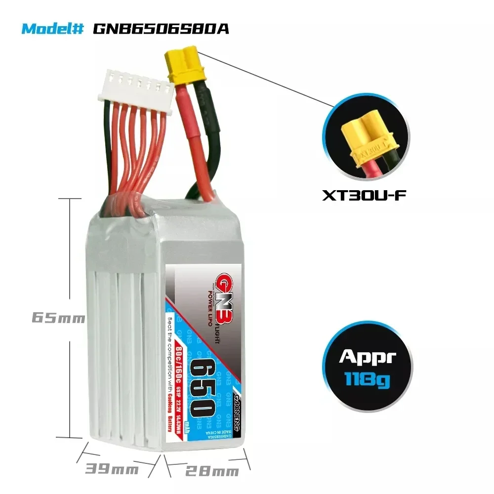 Gaoneng GNB 650mAh 2S/3S/4S/5S/6S （7.4V-22.2V）80C Lipo Battery With XT30 Plug for RC Car Boat Helicopter Quadcopter