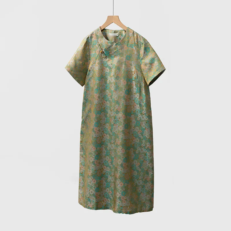 Chinese Style Non-Heritage Song Dynasty Brocade Handmade Buttonhole Loop NATRICH Silk Dress 100 National Short Sleeve