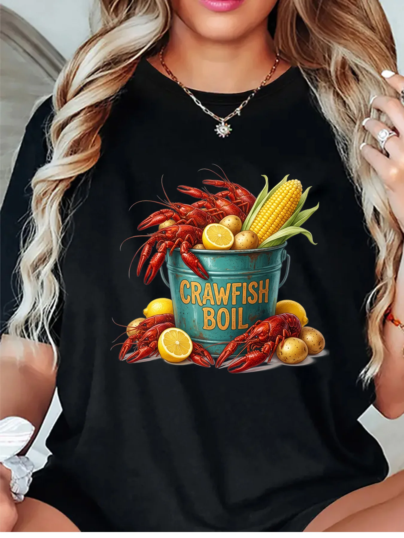 Crawfish Boil Bucket Corn Lemon Potato Graphic Womens T Shirt Short Sleeve Crew Neck Seafood Party Casual Ladies Tee Tops