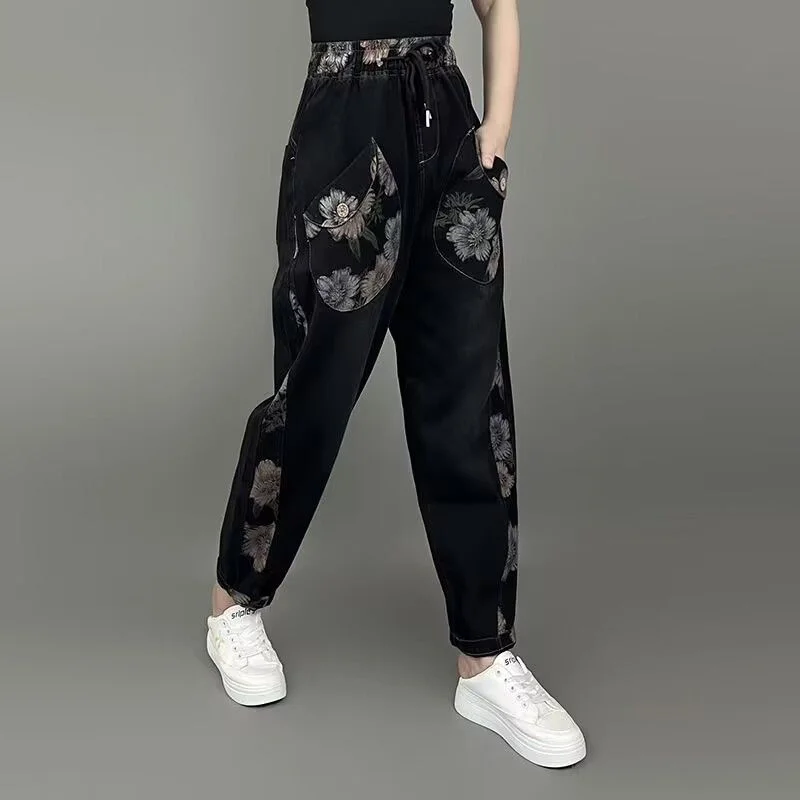 حجم كبير 3XL الدهون الصوف الجينز للنساء بنطلون مستقيم واسعة الساق فضفاضة تناسب ضيق مرونة الخصر التخسيس للنساء الدنيم السراويل