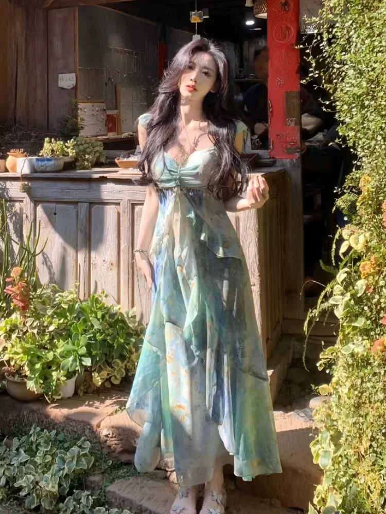 Französisch Elegante Frauen Abend Party Retro Einteiliges Kleid Langarm Vintage Gedruckt Fee Rüschen Midi Kleider Frühling 2025, Neue
