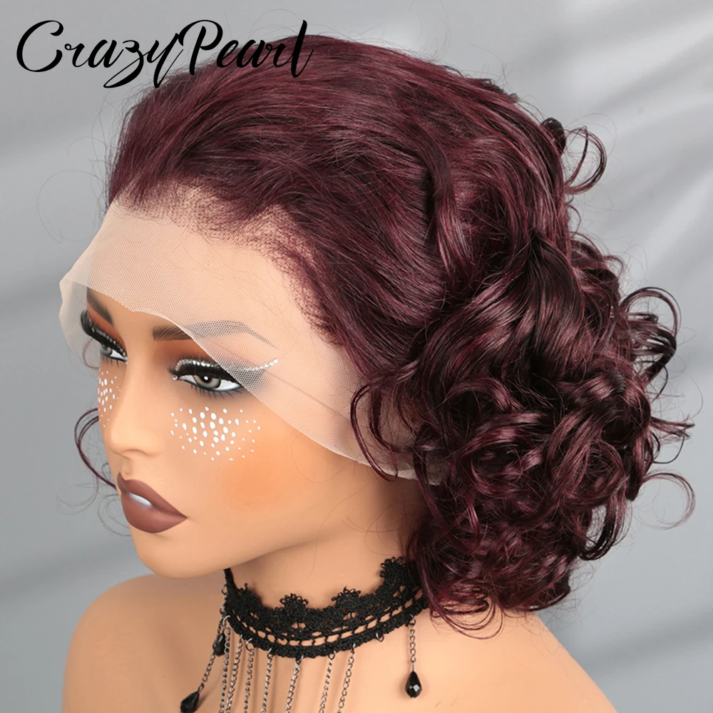 Burgundy 99J 13X4 Transparent Lace Frontal Loose Bouncy Wave Wavy Curly Human Hair Wig for Black Women Short Human Hair Wigs