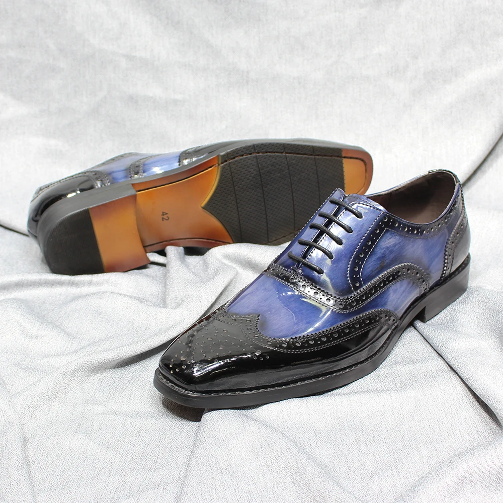 Cow Patent Leather Men's Oxfords Brogue Wingtip Formal Shoes Classic Handmade Lace Up Office Wedding Party Dress Shoes for Men