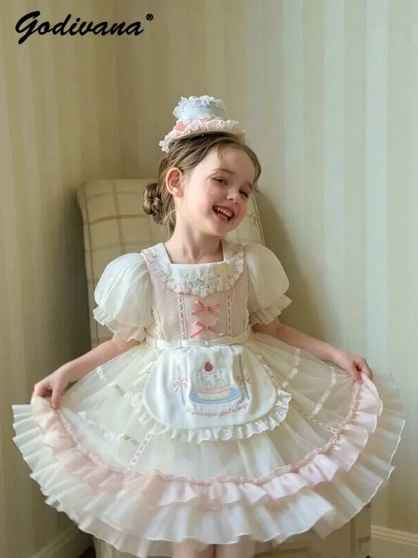 

Sweet Baby Girls Lolita Princess Dress 2026 Summer New Childrens Puff Sleeve Embroidery Lace Trim Bow Mesh Casual Cake Dress