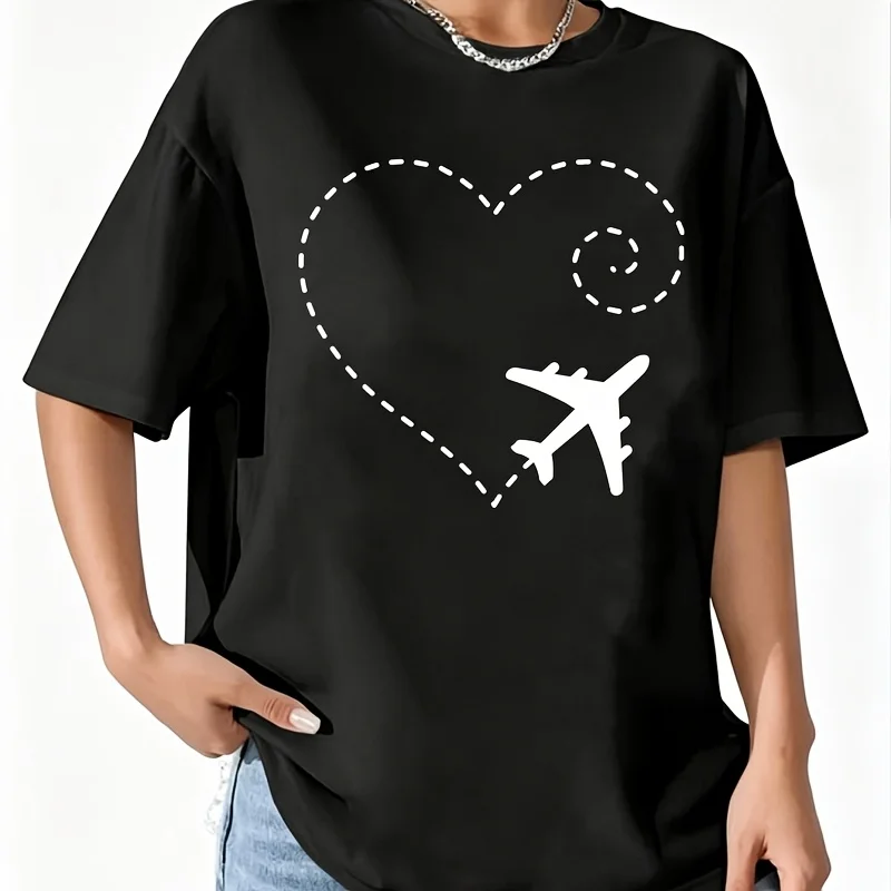 Airplane Drawing a Heart Shape Women's 100% Cotton T-Shirt Short Sleeve Top Casual Round Neck Fun Print Tee S-5Xl