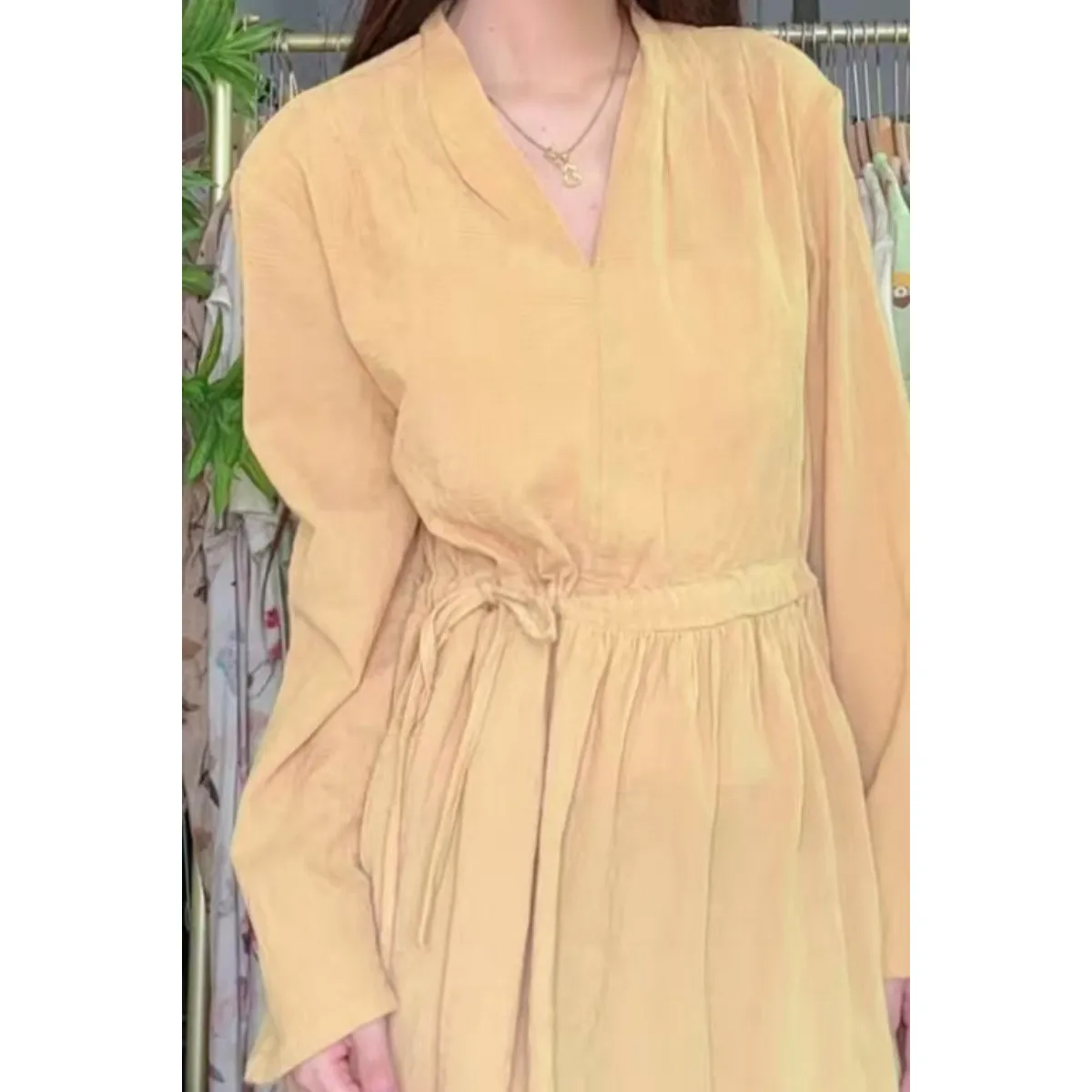 Spring New V-neck Pure Cotton Long Sleeve Drawstring Waist Loose Women's Dress Mid-length A-line Skirt Casual Style