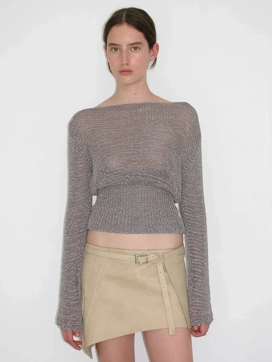 

Pa wl temperament hollow loose one-shoulder oblique shoulder waist slightly transparent long-sleeved top