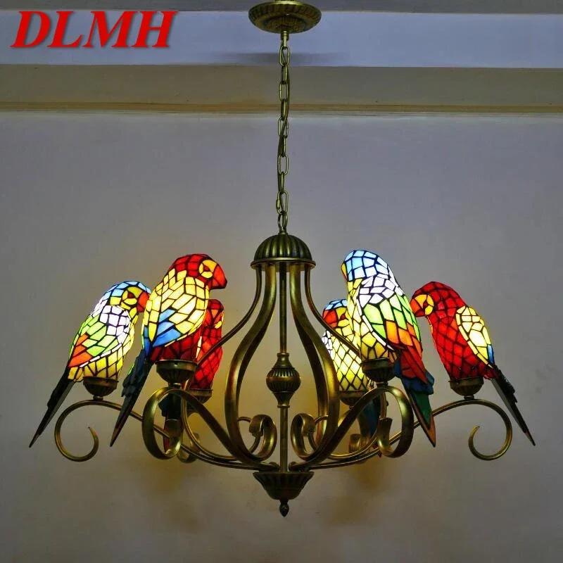 DLMH Tiffany parrot Chandelier LED Vintage Creative Color Glass Pendant Lamp Decor for Home Living Room Bedroom Hotel