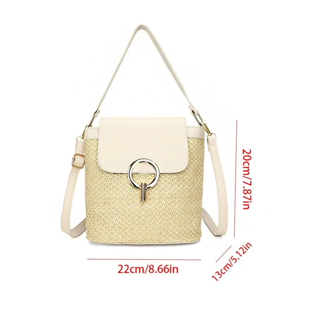 Large Capacity Woven Straw Bucket Bags Trendy Pu Leather Shoulder Bag Beach Handbags Crossbody Bag Tote Bag Raffia Bag Summer