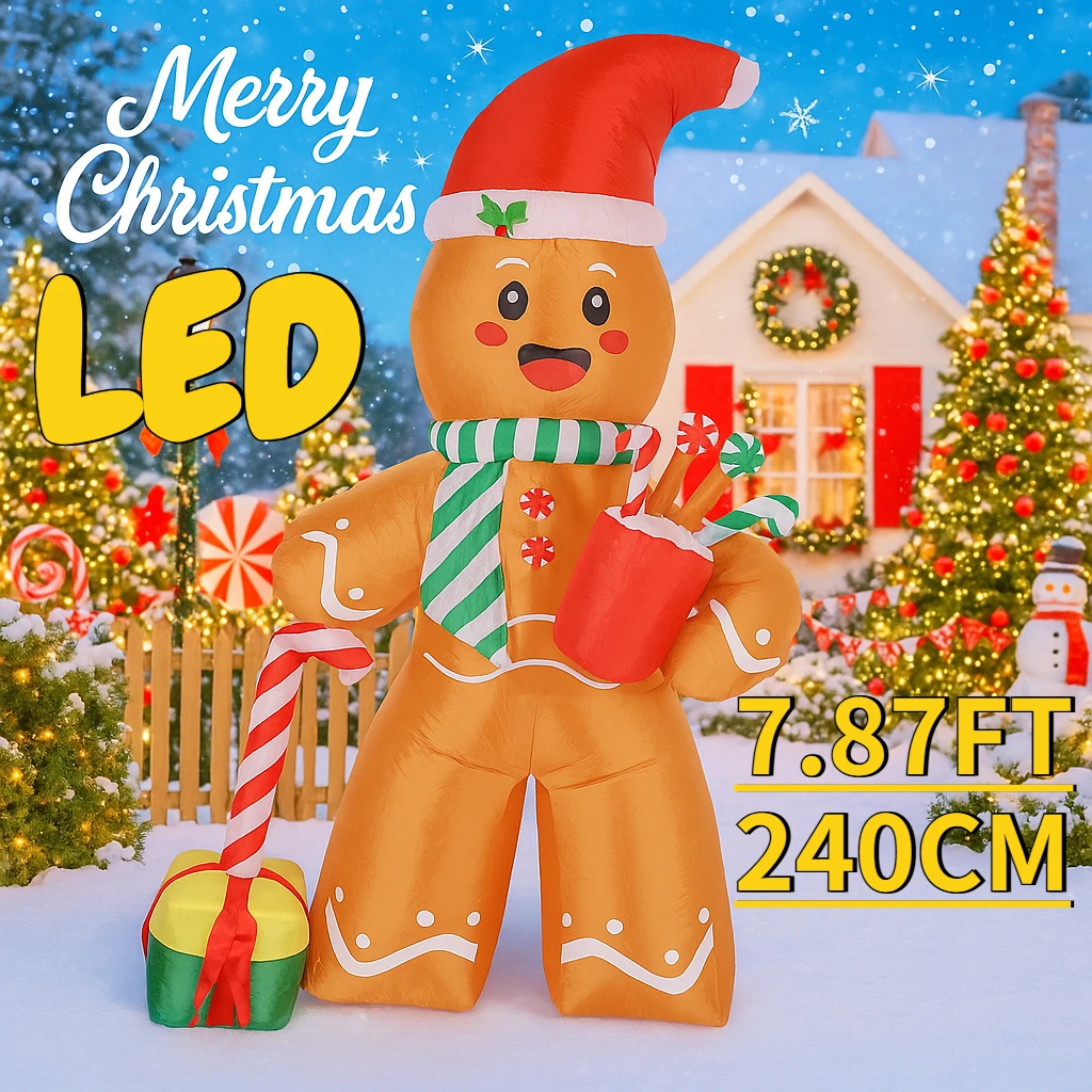 7.8FT في الهواء الطلق عطلة الديكور عيد الميلاد لعبة قابلة للنفخ الزنجبيل رجل قصب الحلوى هدية LED لوازم الحلي عيد الميلاد ساحة ديكور