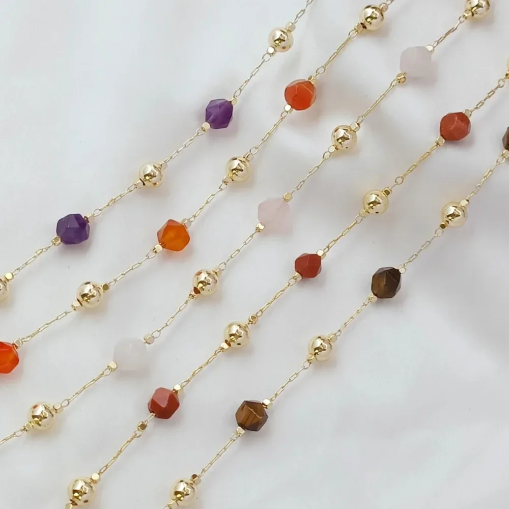 

14K Gold-plated Handmade Chain Natural Stone Cut Corners Crystal Square Round Beads Diy Bracelet Necklace Jewelry Loose Chain