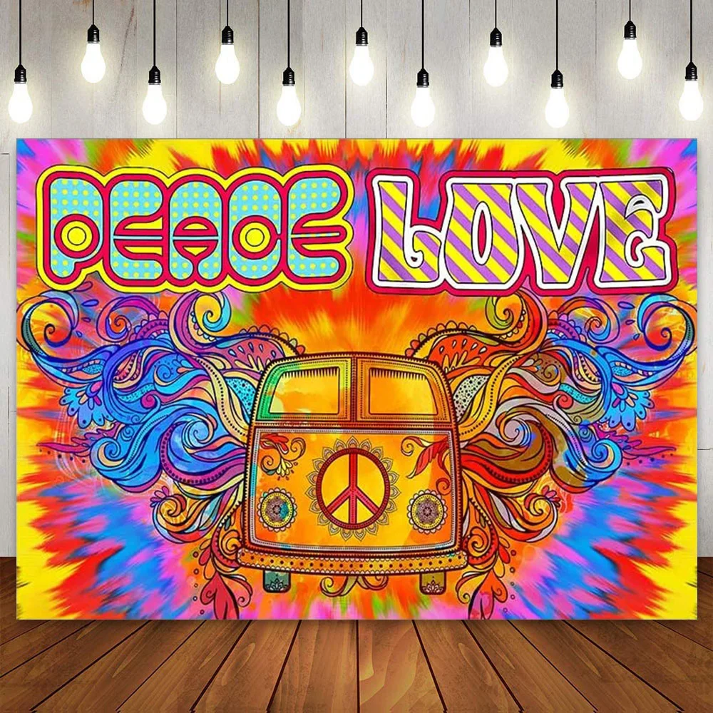 Peace and Love Backdrop Hippie Bus Tie Dye Groovy 60s 70s Boho Photography Background Music Birthday Baby Shower 1st Party Decor