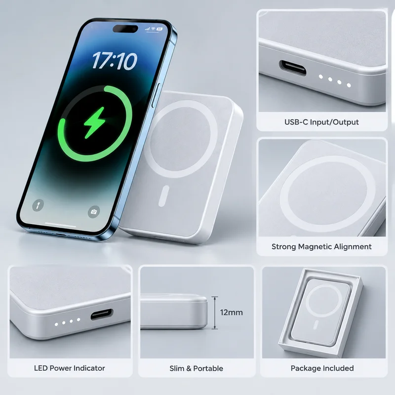 50000mAh Magnetic Fast Charging Power Bank, Portable Charger For iPhone 12-17 Smartphones, Compact Design for Travel Use