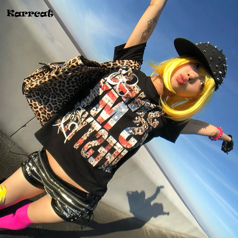 Karrcat Grunge Aesthetics Letter Print T-shirt Trashy Y2k Short Sleeve Black Top Vintage Punk Style Streetwear American Retro
