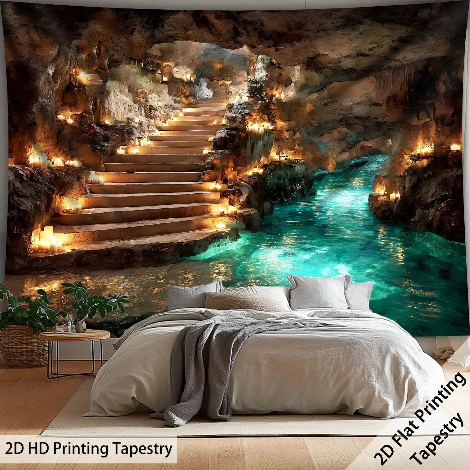 Underground Cave Adventure Tapestry, Turquoise River and Stalactite Ceiling HD Print  for Modern Living Room and Bedroom Decor
