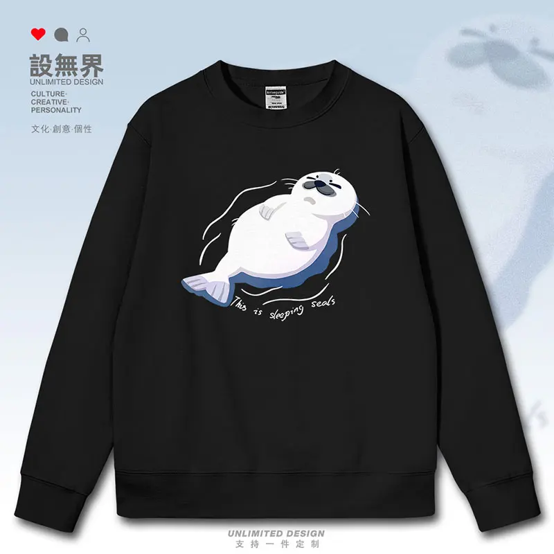 Original cute cartoon illustration of cute little seals swimming with animals mens hoodies men sports autumn winter clothes