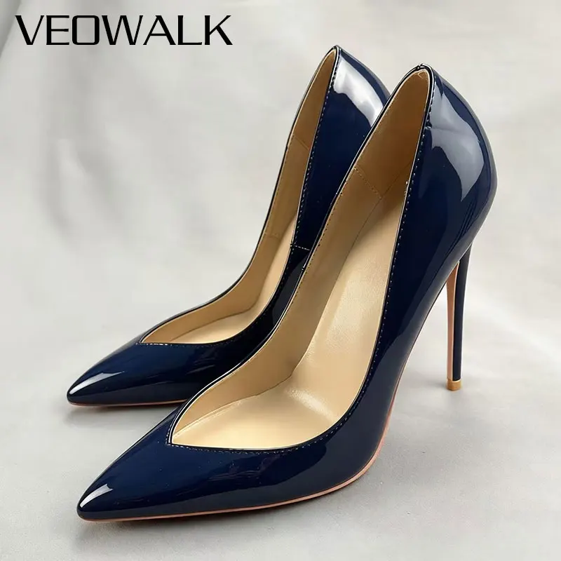 Veowalk Women's Sexy Navy Patent 12CM Super High Pointed-Toe Shallow Stiletto Heels Soft Elegant Party Evening Dress Shoes Red