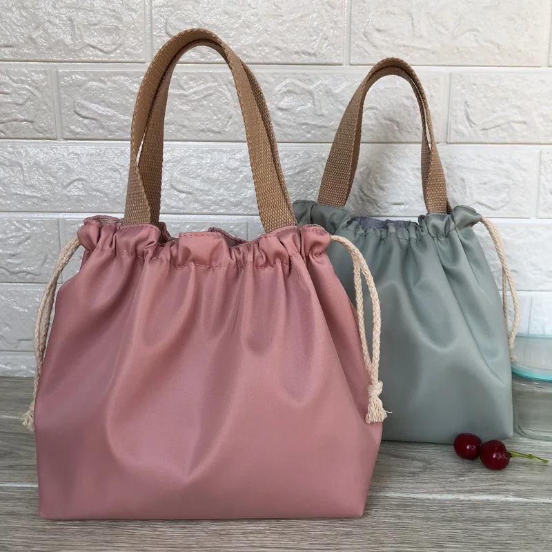 Cute Solid Color Bento Bag Casual Drawstring Portable Tote Lunch Bags Canvas Food Waterproof Picnic Bags Lunch Bags for Work