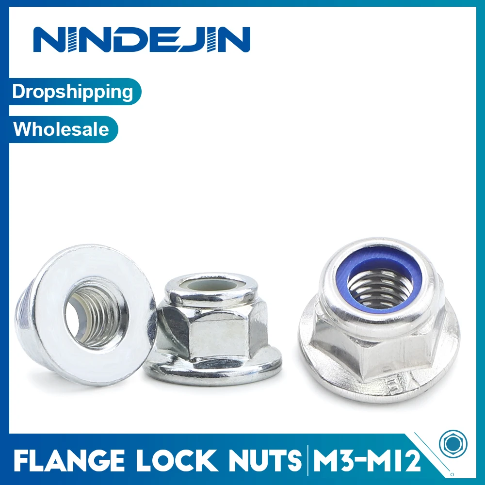 NINDEJIN 2-20pcs Nylon Insert Flange Locknuts M3 M4 M5 M6 M8 M10 M12 Stainless Steel Zinc Plated Hexagon Nylon Flange Lock Nut