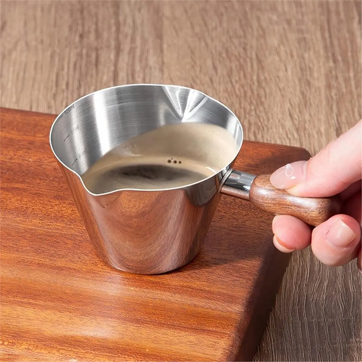 A67T NEW Espresso Coffee Measuring Cup, 304 Stainless Steel with Wooden Handle and Double Spouts, 100ml Capacity