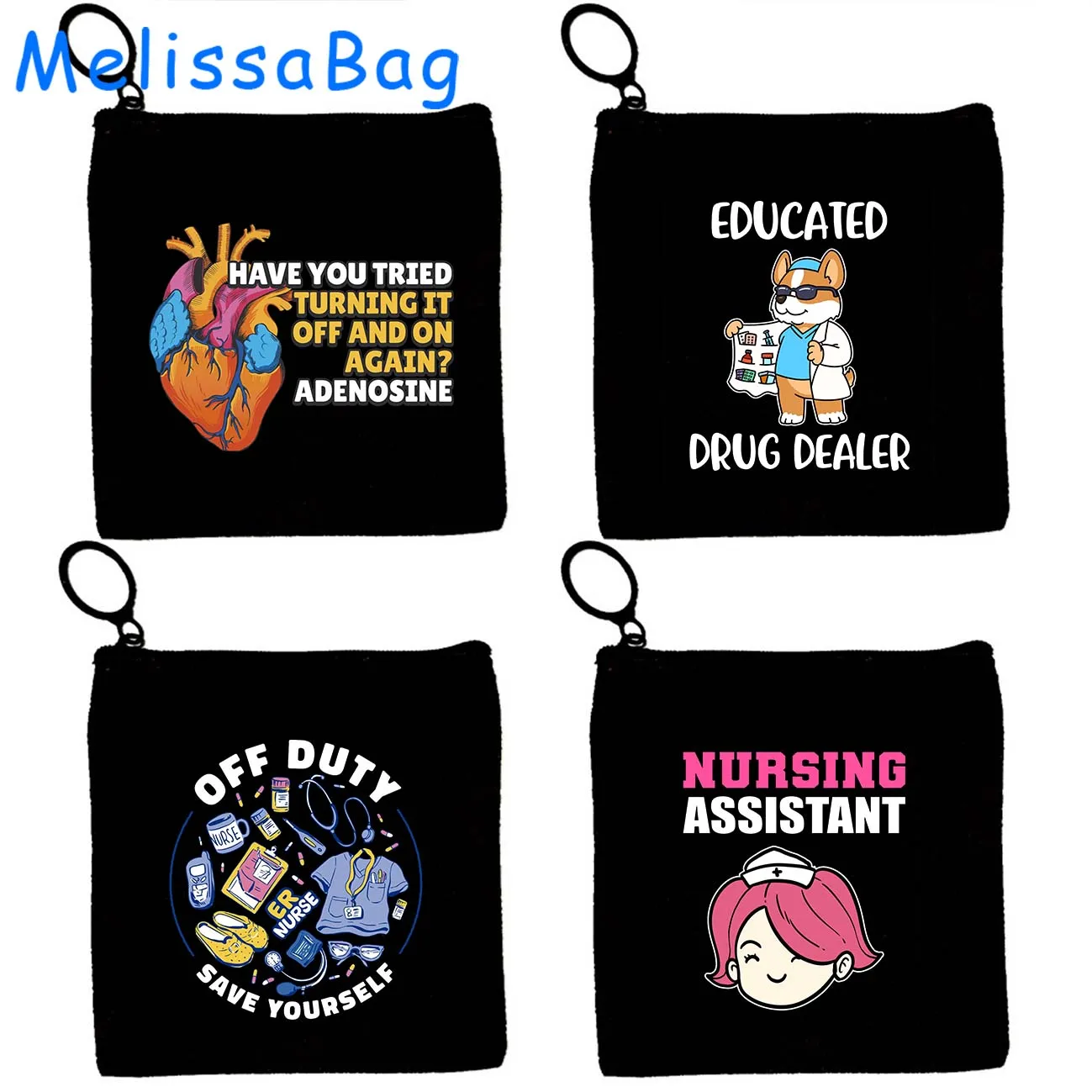 Nurse Doctor Medical Funny Printed Cute Gifts Paramedic Medicine Canvas Coin Purse Key Case Card Storage Bag Wallet Zipper Pouch