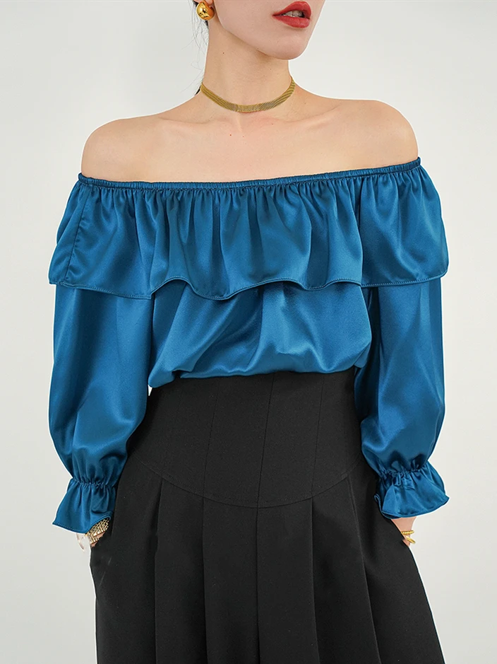 

Винтажная женская атласная блузка с уксусной кислотой, весна-лето 2026, сексуальные рубашки с открытыми плечами и разрезом на шее, женские корейские шикарные топы с оборками