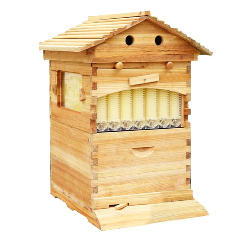 Waterproof Wooden Beehive Self-Flowing Double Layer Honeycomb Natural Automatic Collector Honey Garden Pollinator Bee Houses
