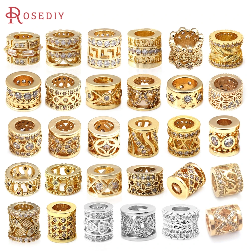 18K Goldfarbene Messing- und Zirkon-Zylinder-Abstandsperlen für Armbänder, Hochwertige Schmuckherstellung, Halsketten- und Ohrring-Zubehör