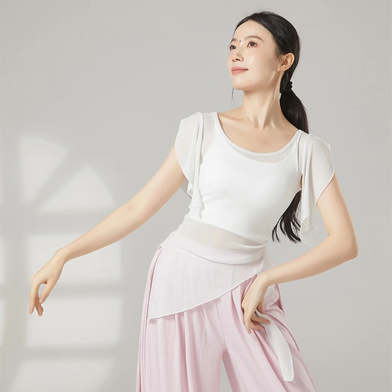 Top da ballo Costumi classici da donna Camicia a maniche corte divisa in rete di garza Orlo irregolare Camicette sari Sottile abbigliamento da ballo cinese