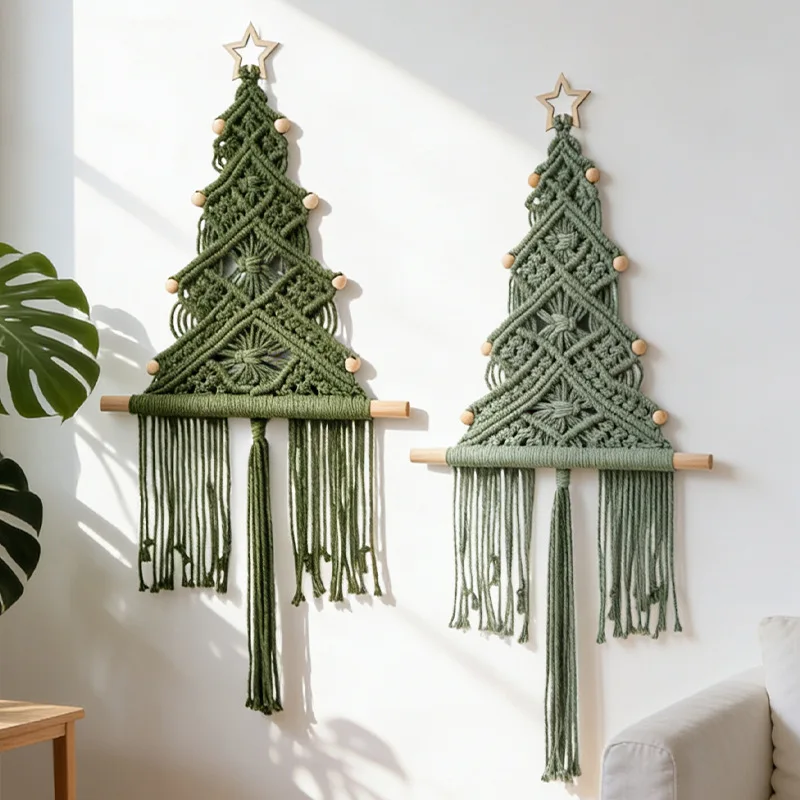 Macaron Hand Woven Christmas Tree Macrame Wall Hanging, Cotton Rope Wooden Stick Boho Tapestry, Xmas Wall Decor for Living Room - view 2