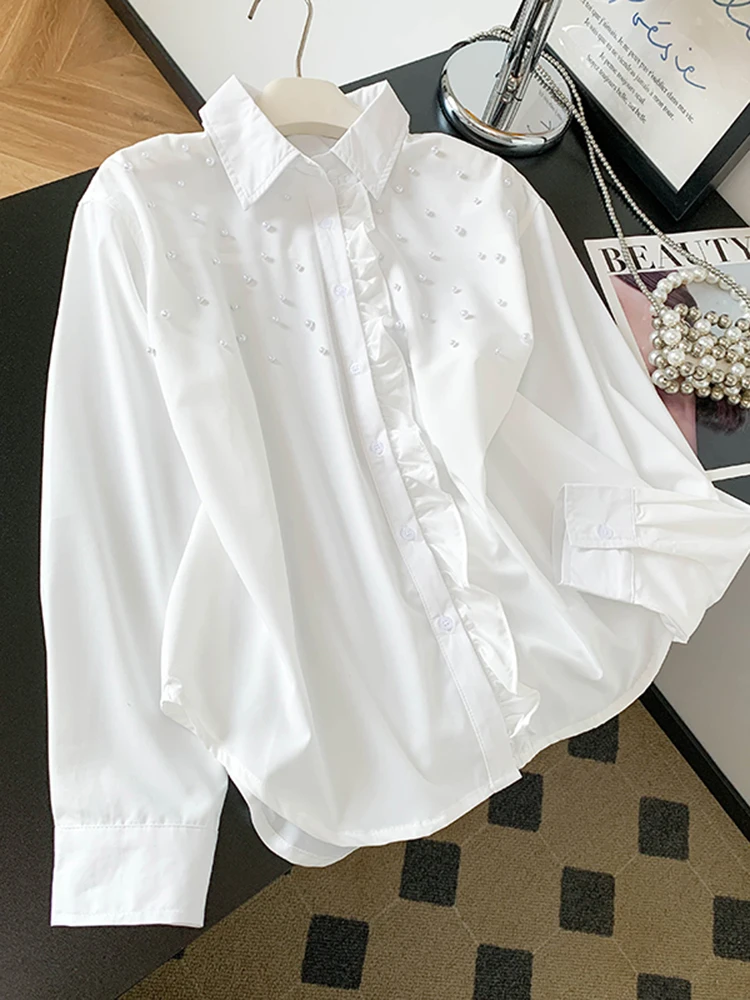 

Женская белая блузка с длинным рукавом, весна 2026, новая модель, с жемчужной отделкой, приталенная, из полиэфирного волокна, повседневная одежда